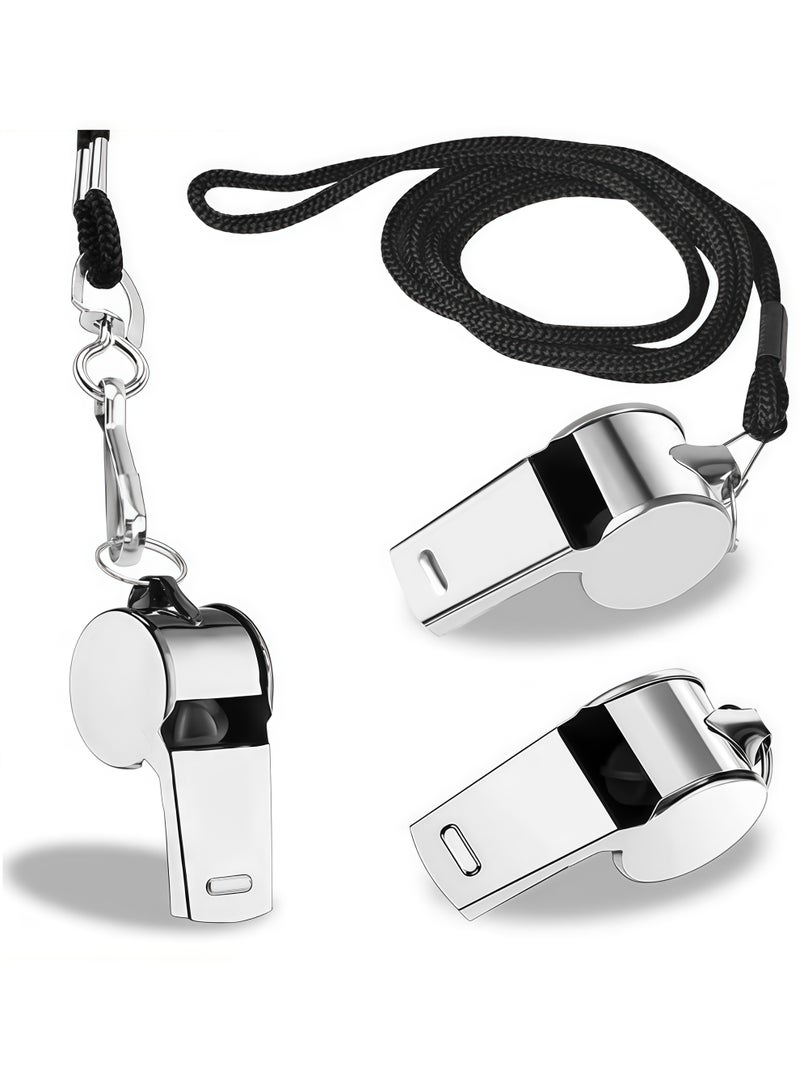 Cuken Silver Stainless Steel Whistle, 3 Sets, Coach, Referee, Outdoor Sports Emergency Strap, Hanging Rope - Image 1